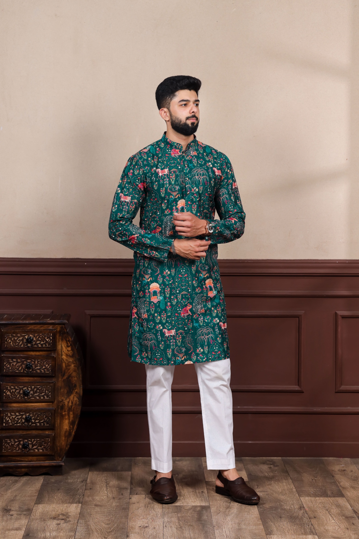 Green Checks Printed Cotton Kurta Pyjama