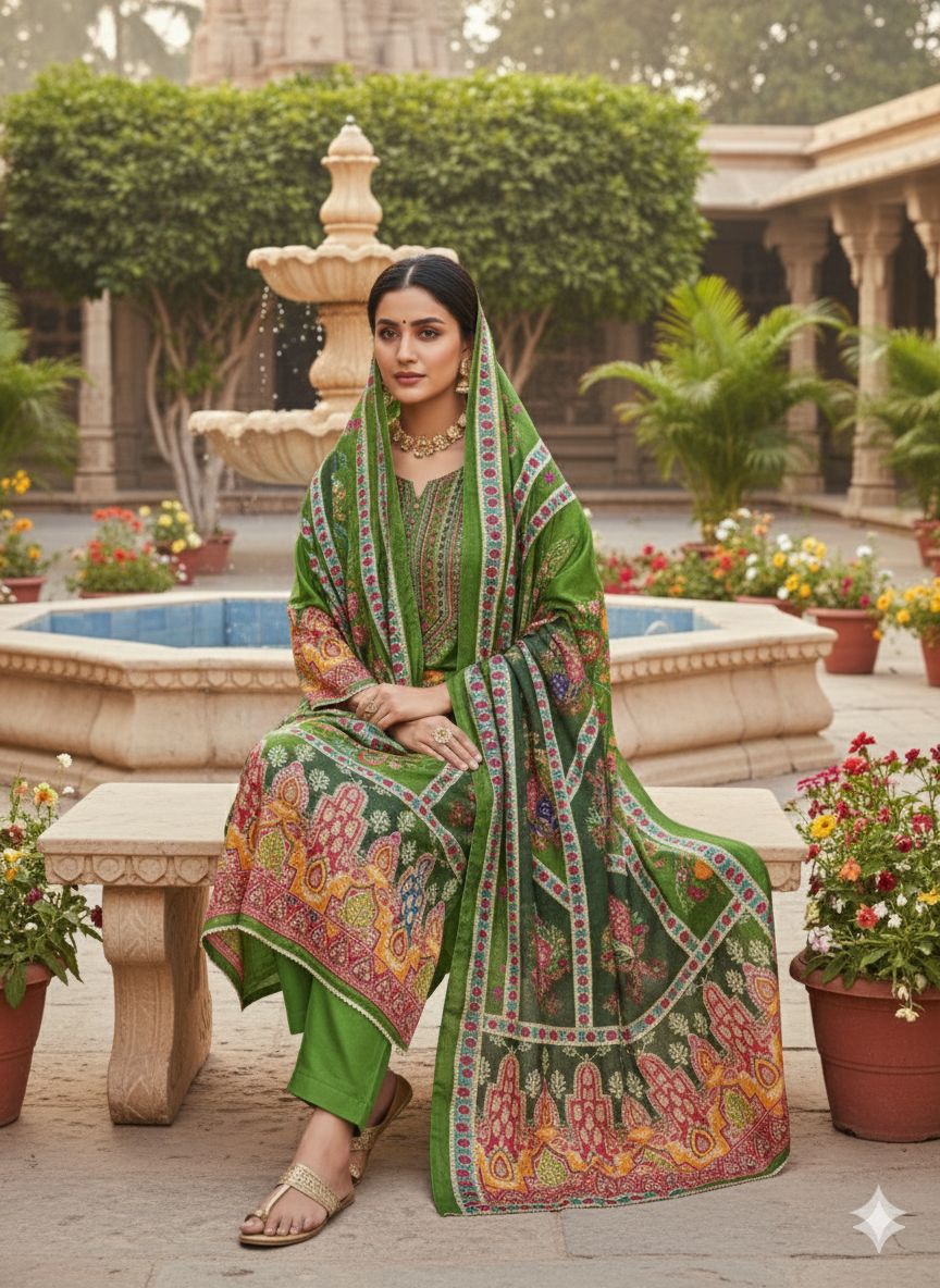 Green Chinon Designer Printed Salwar Suit — alternate view