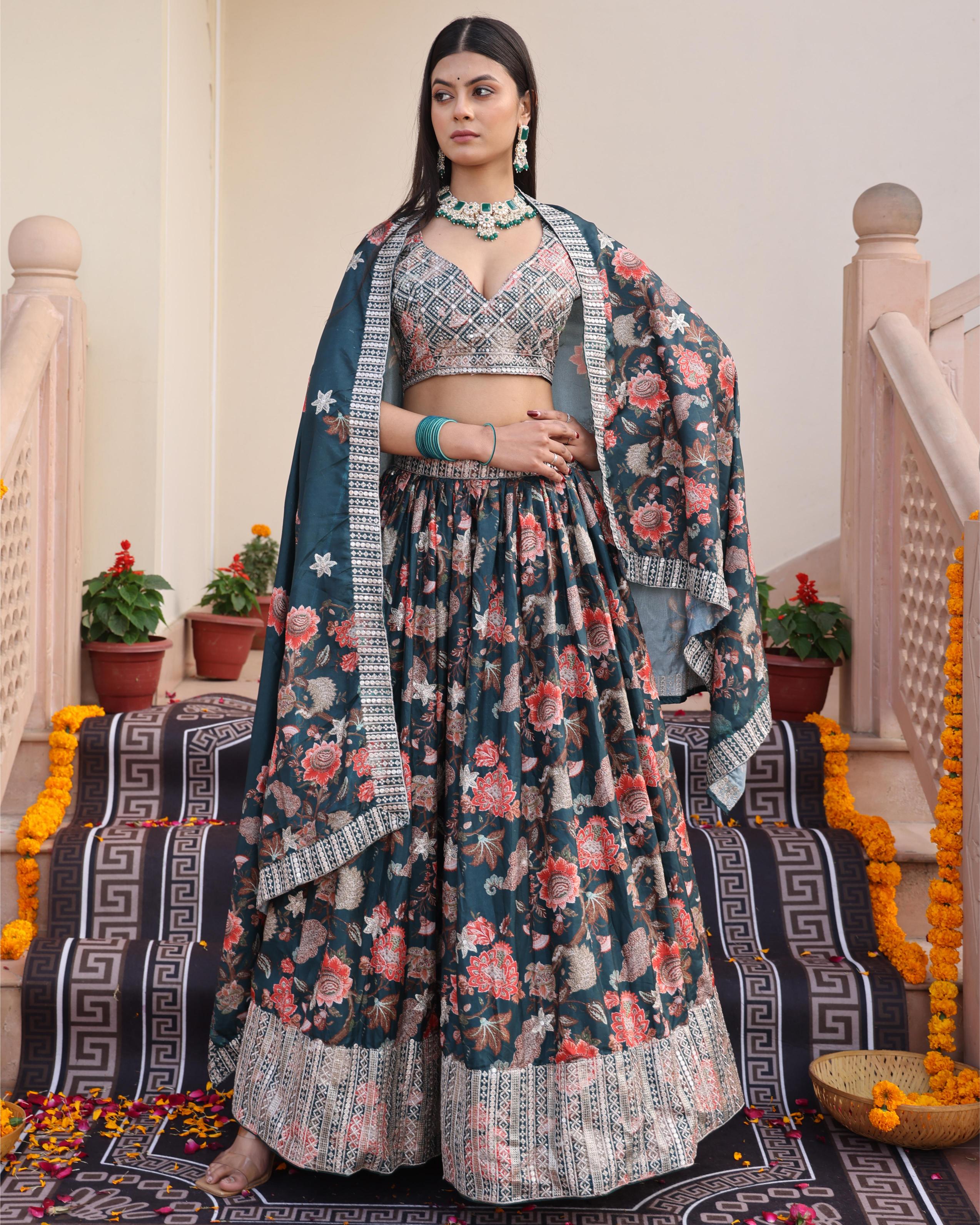 Green Chinon Lehenga Choli