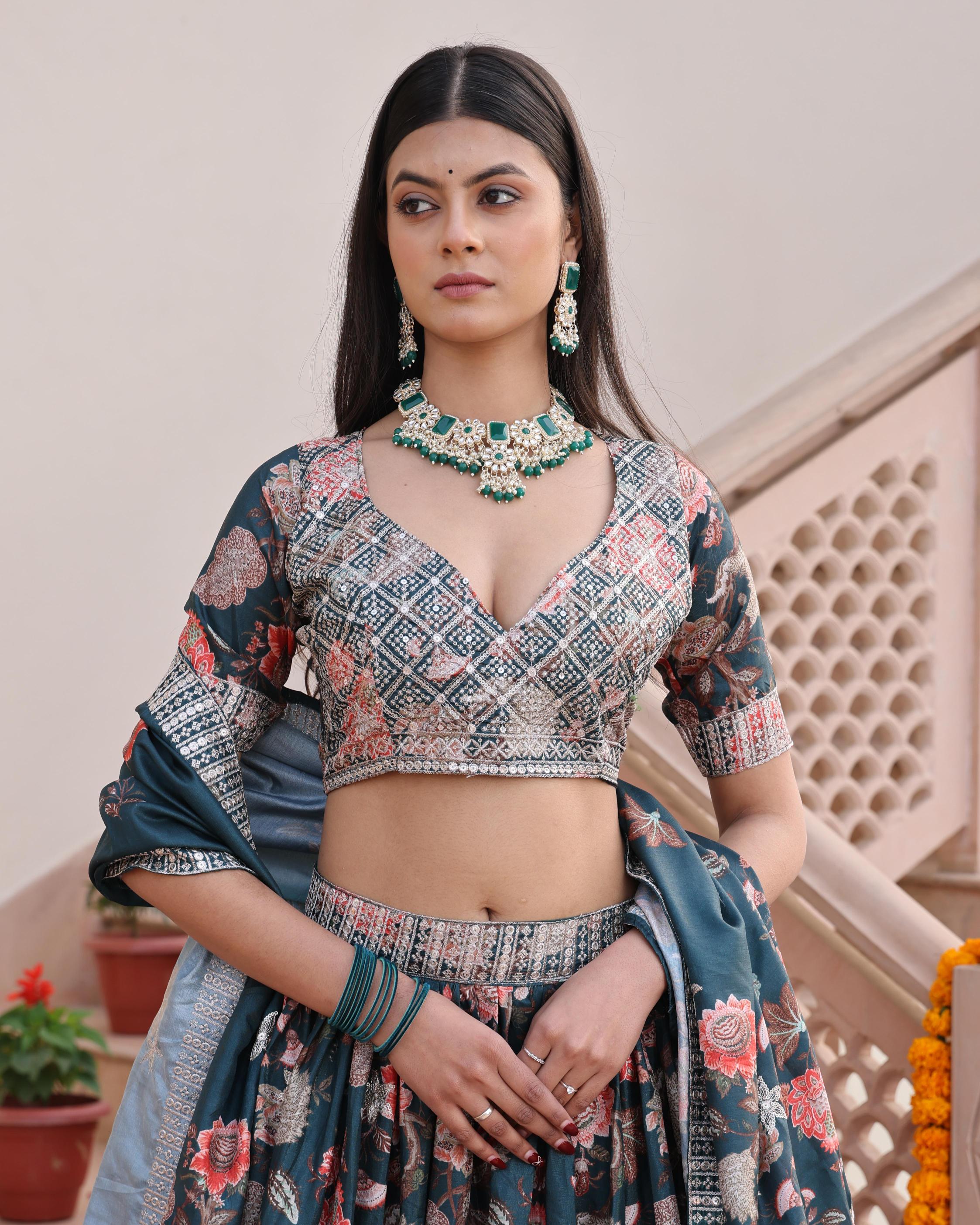 Green Chinon Lehenga Choli