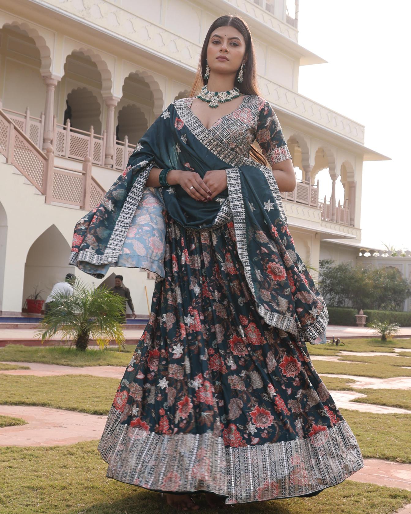 Green Chinon Lehenga Choli