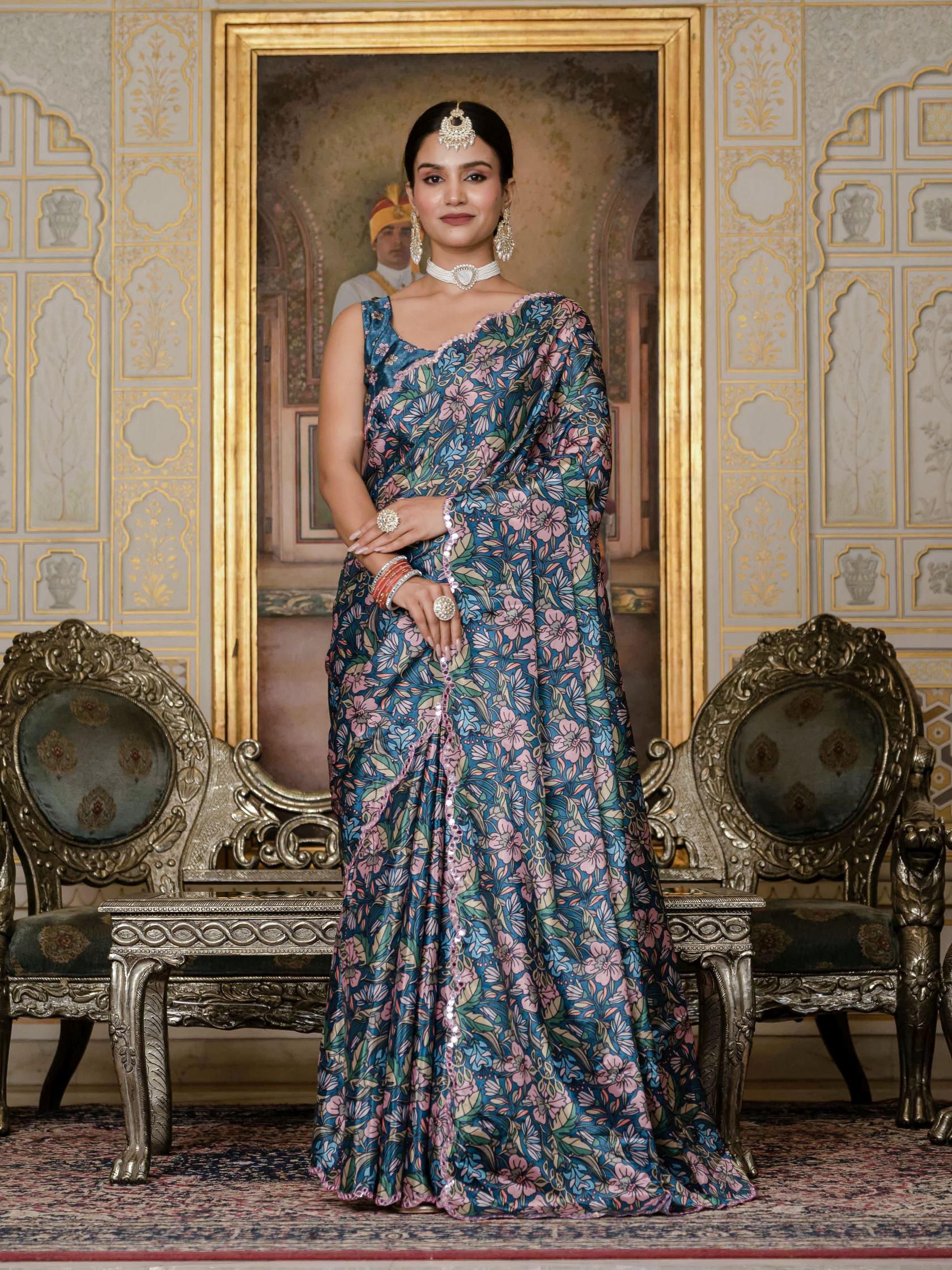 Green Chinon Ready To Wear Saree