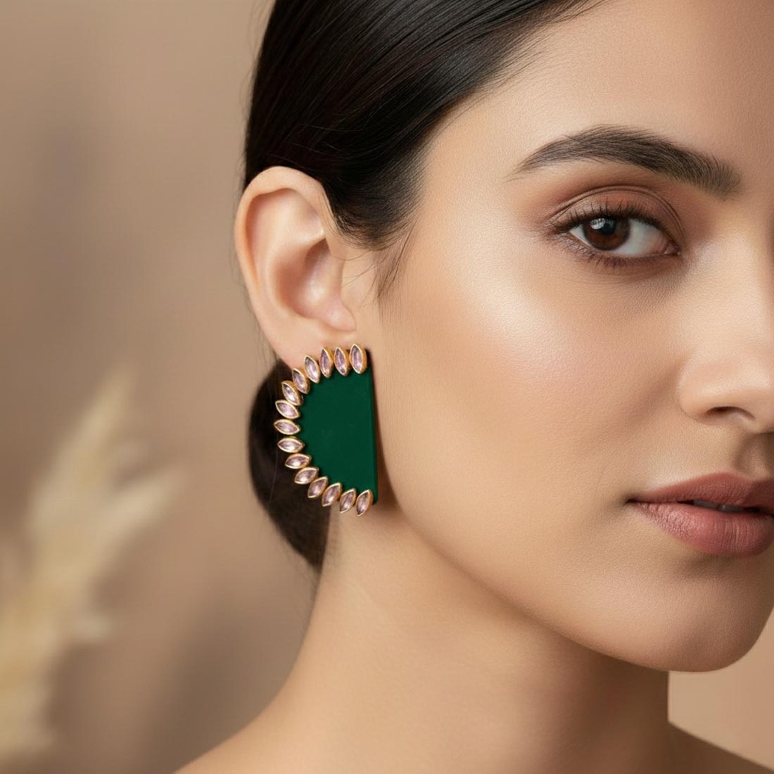 Green Contemporary Stone Stud Earrings