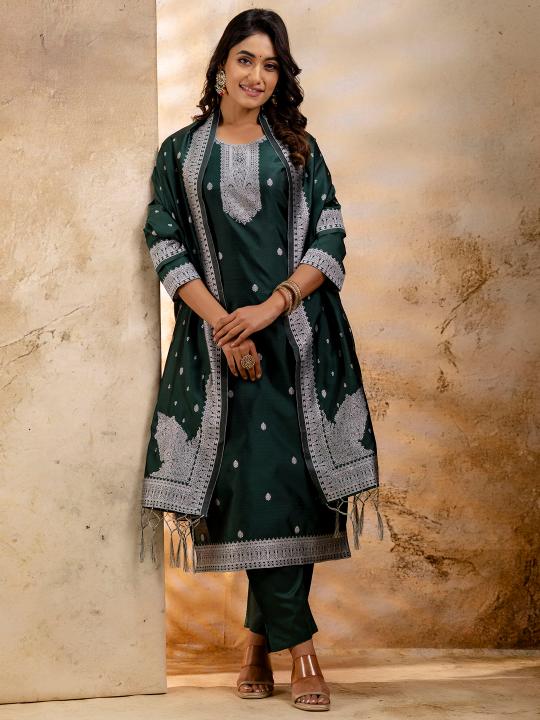 Green Cotton Blend Readymade Suit with Banarasi Silk Dupatta
