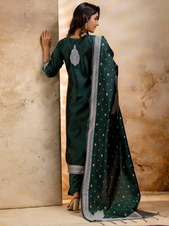 Green Cotton Blend Readymade Suit with Banarasi Silk Dupatta — alternate view