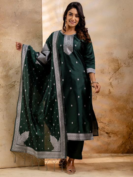 Green Cotton Blend Readymade Suit with Banarasi Silk Dupatta
