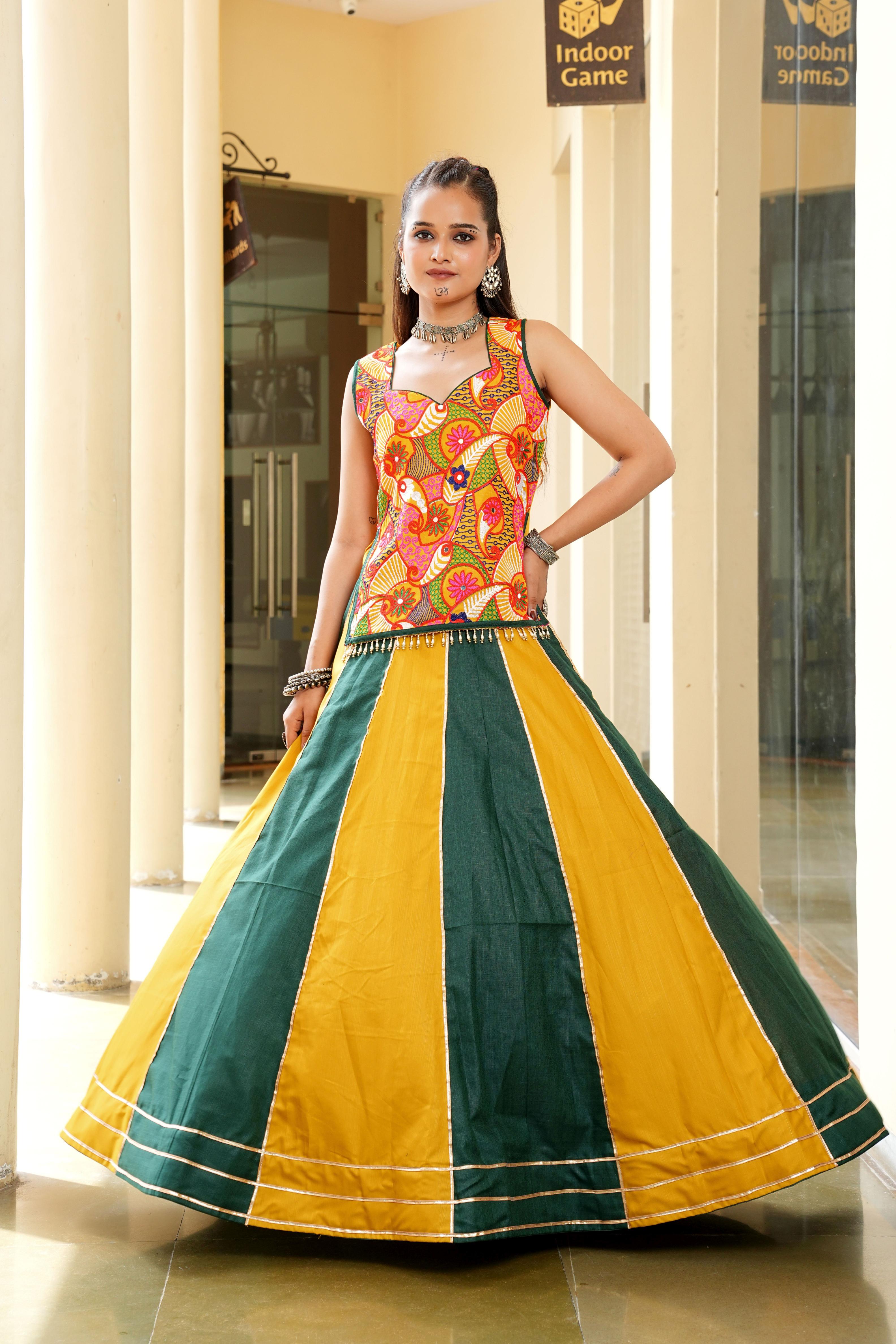 Green Cotton Embroidery Lehenga