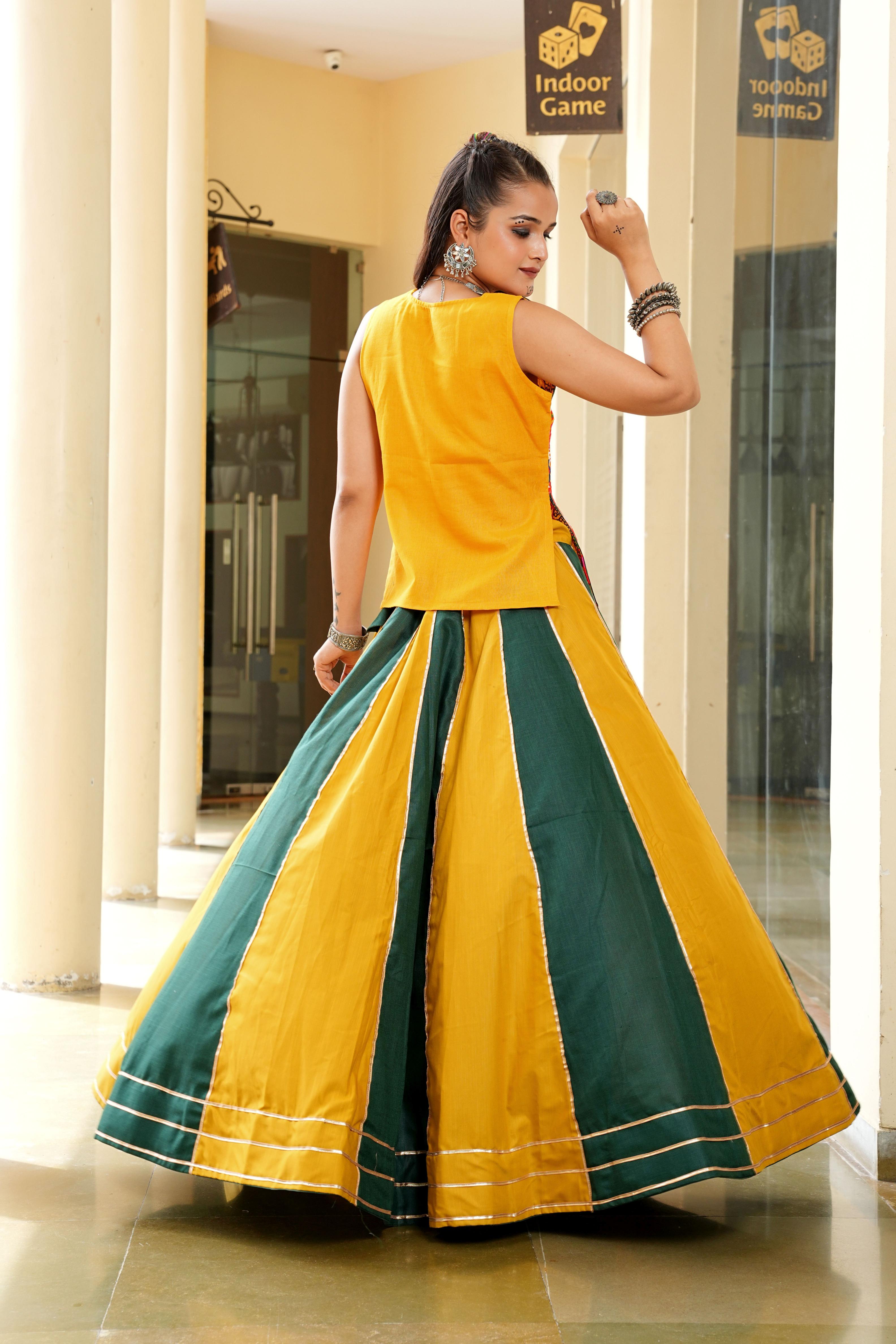 Green Cotton Embroidery Lehenga