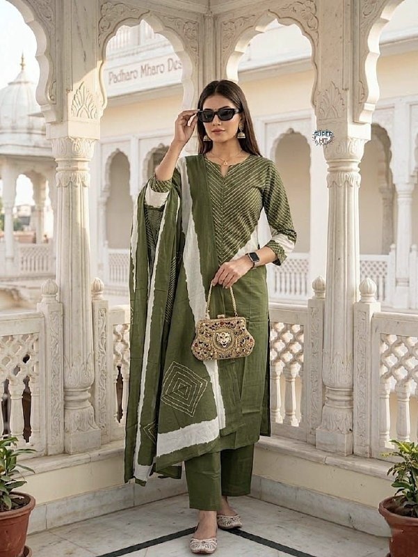 Green Cotton Printed Straight Kurta Set — alternate view