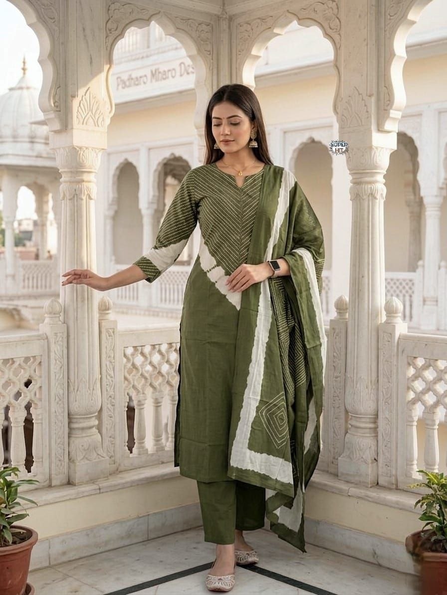 Green Cotton Printed Straight Kurta Set