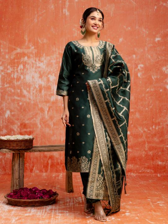 Green Cotton Silk Blend Readymade Suits