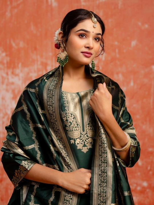 Green Cotton Silk Blend Readymade Suits