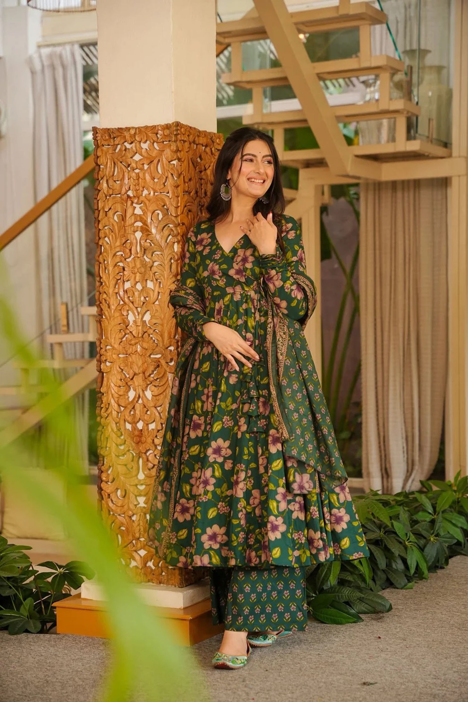 Green Cotton Silk Floral Digital Printed Flared Anarkali Suit