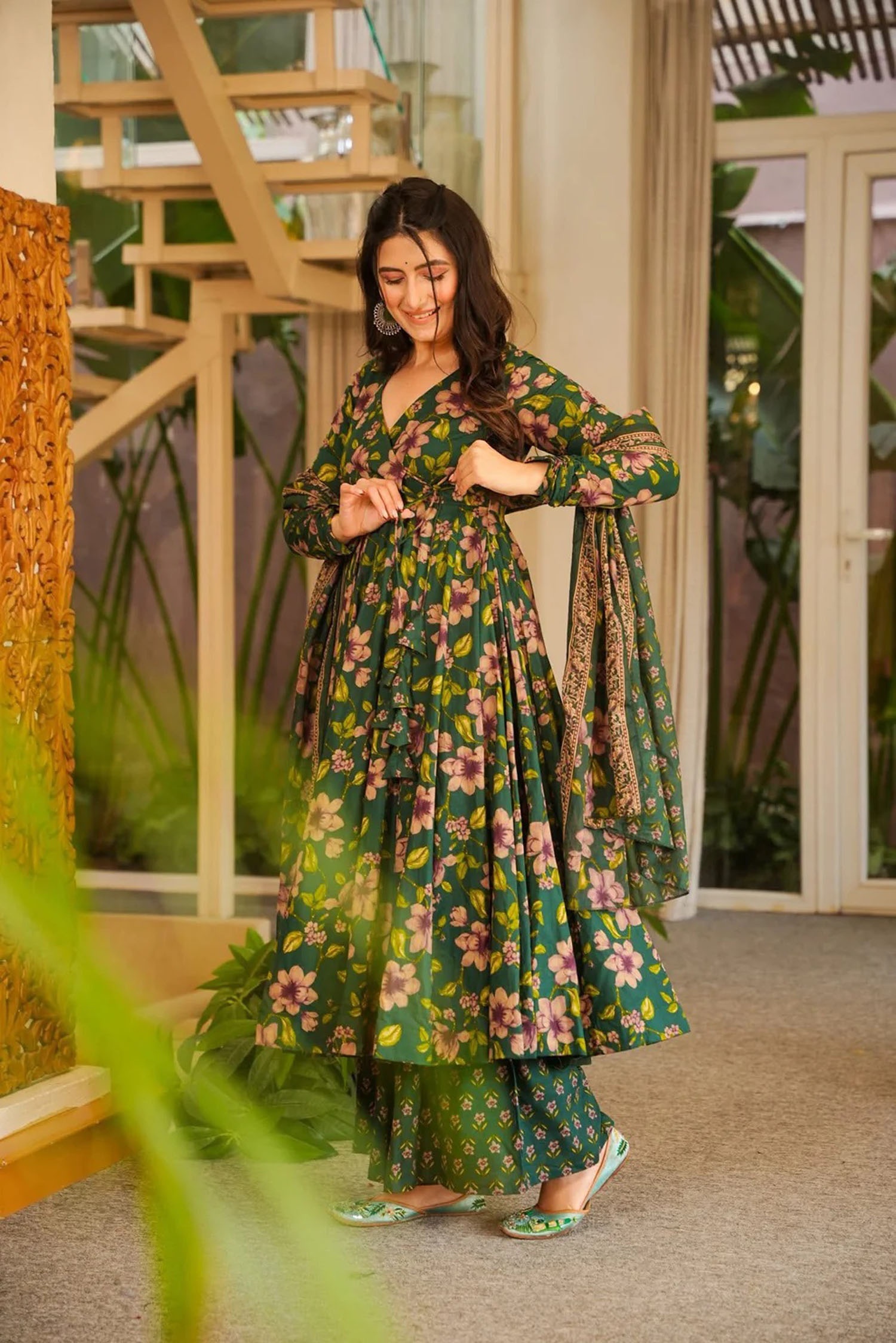 Green Cotton Silk Floral Digital Printed Flared Anarkali Suit — alternate view