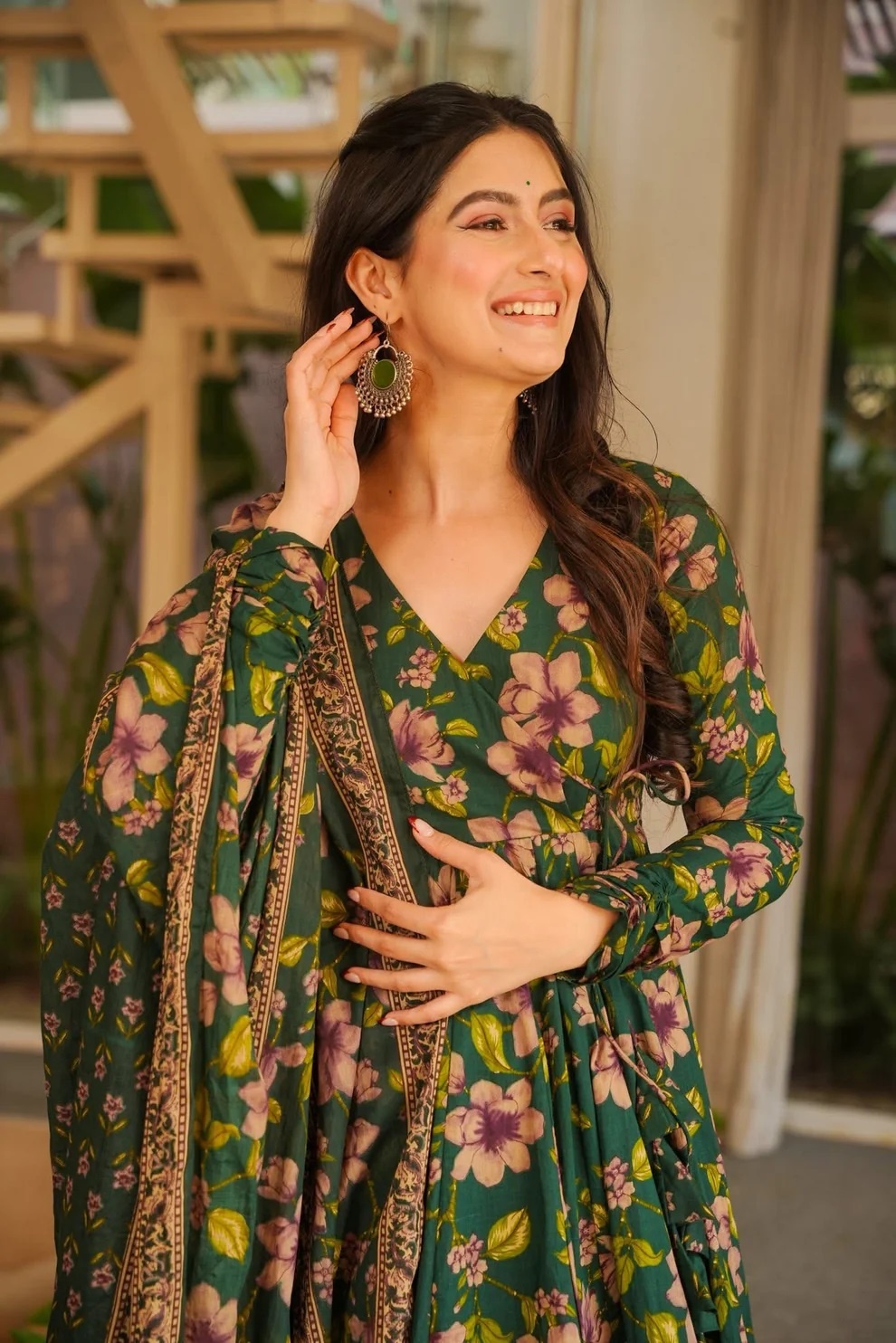 Green Cotton Silk Floral Digital Printed Flared Anarkali Suit