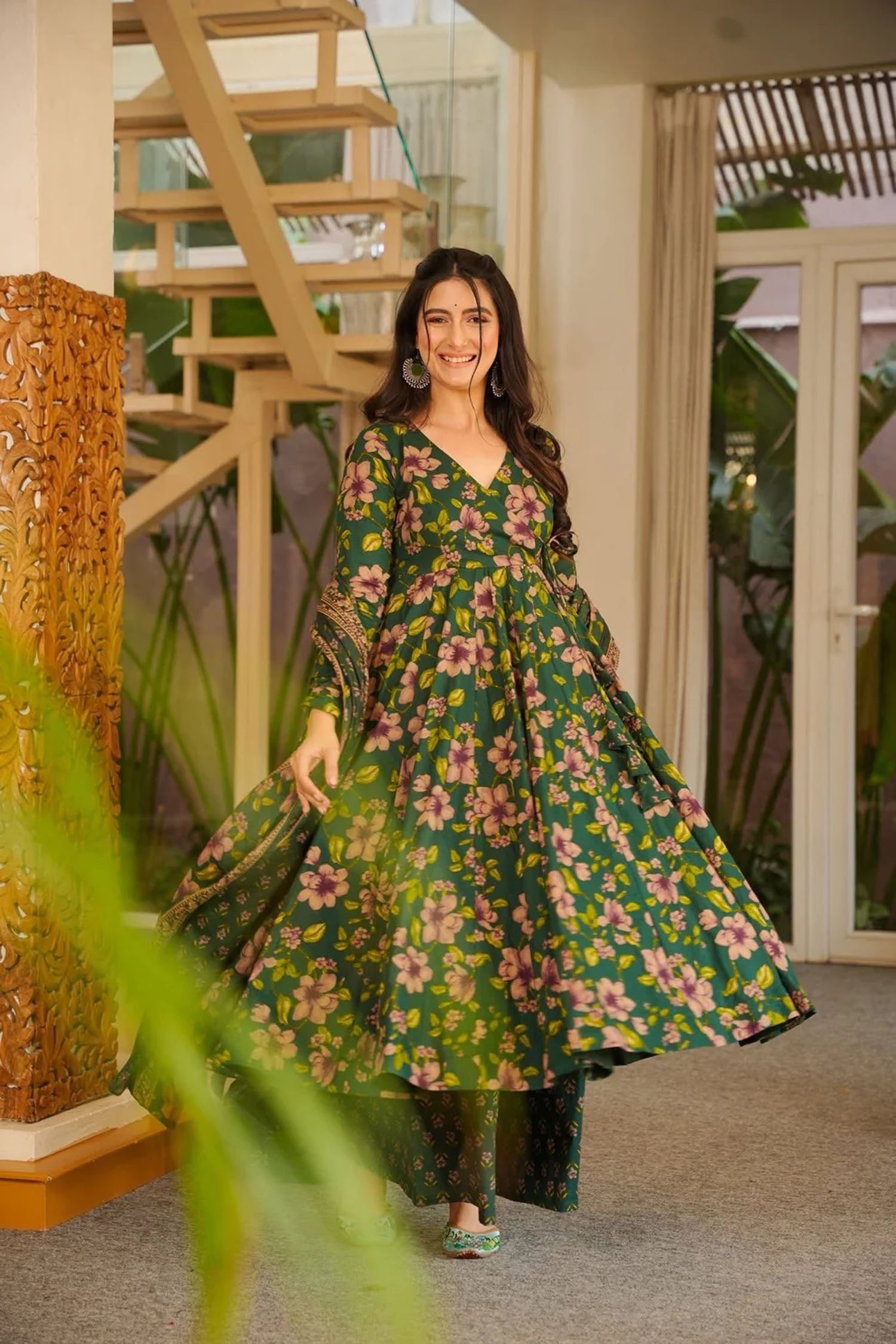Green Cotton Silk Floral Digital Printed Flared Anarkali Suit