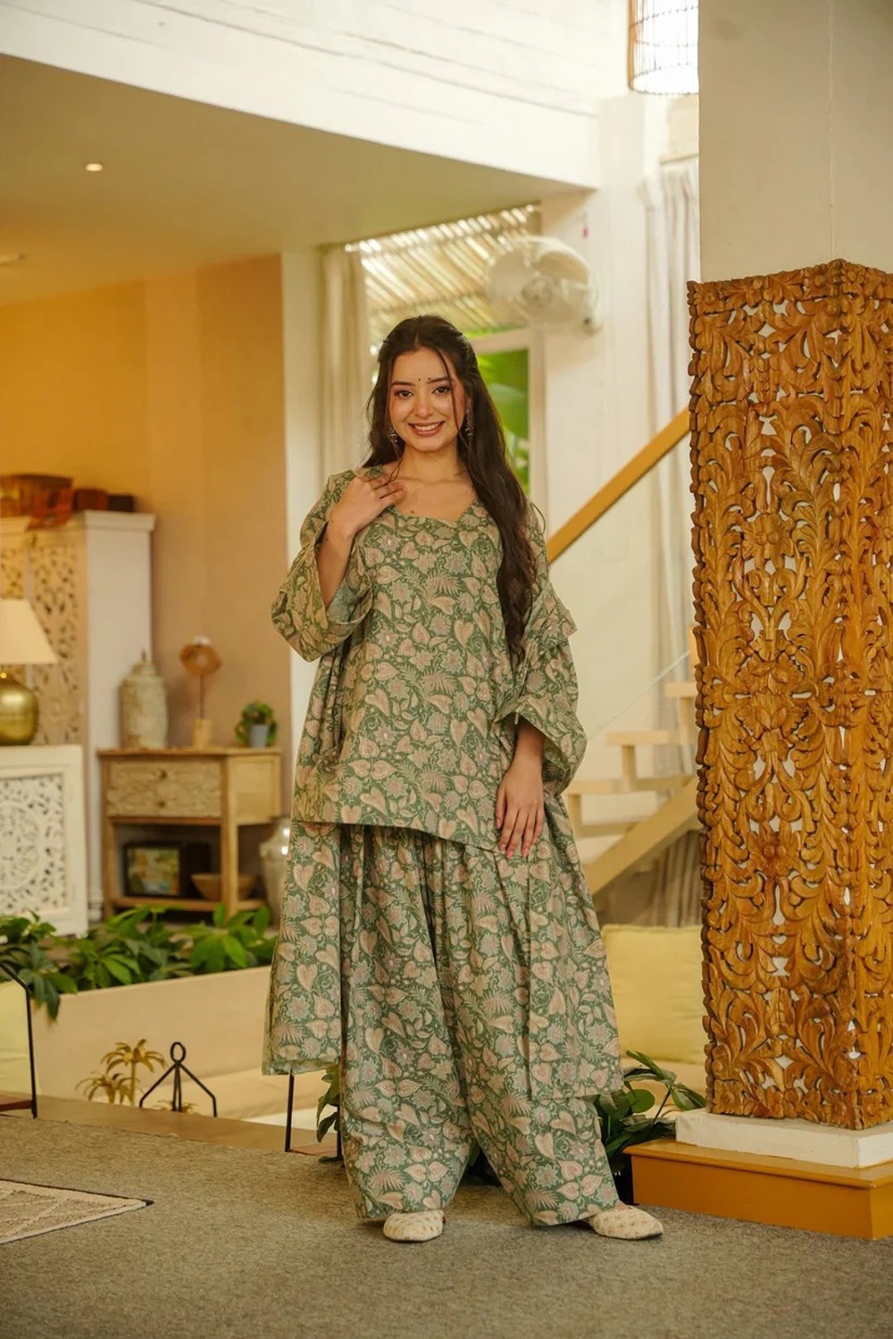 Green Cotton Silk Floral Printed Palazzo Suit