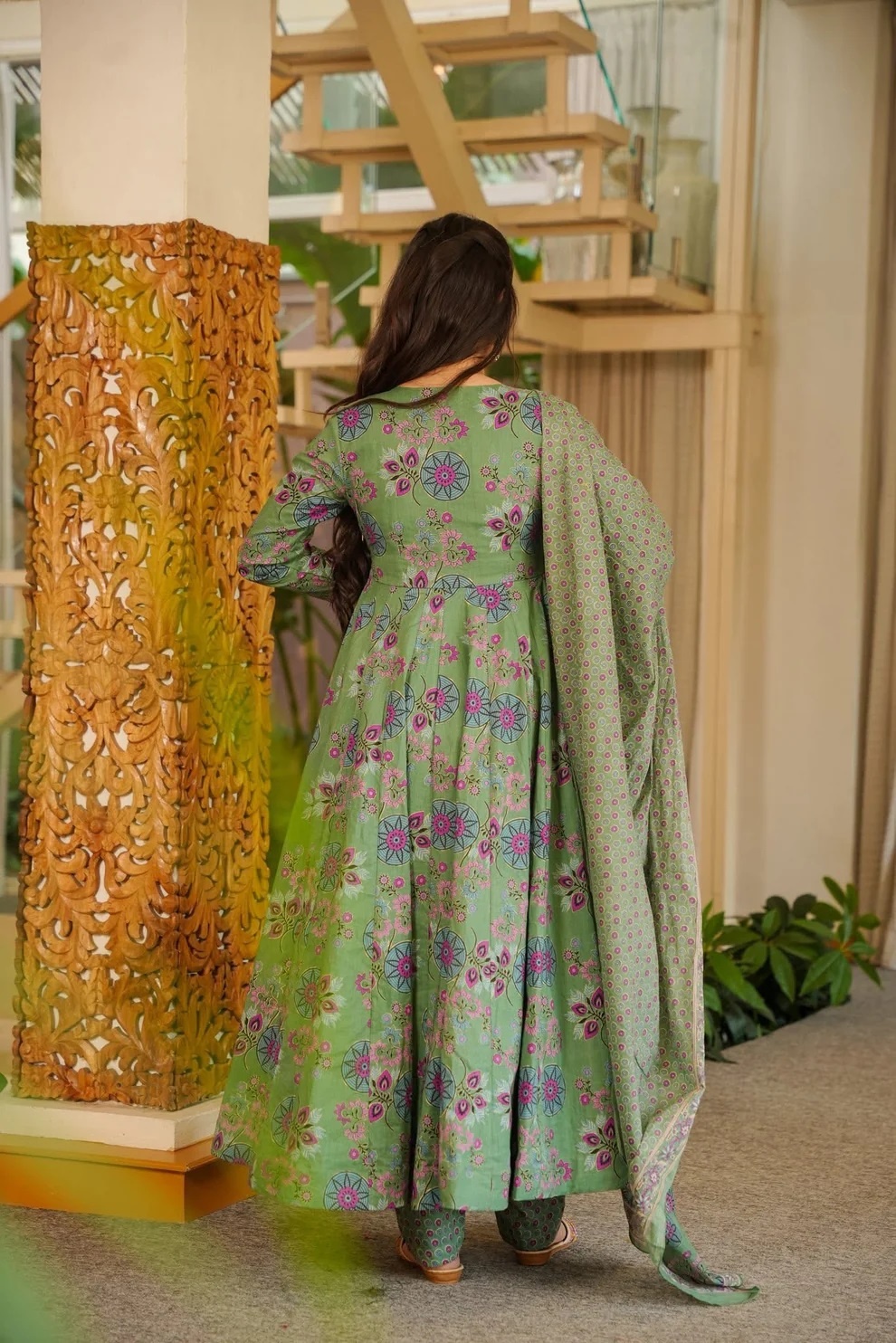 Green Cotton Silk Printed Panelled Designer Anarkali Suit — alternate view