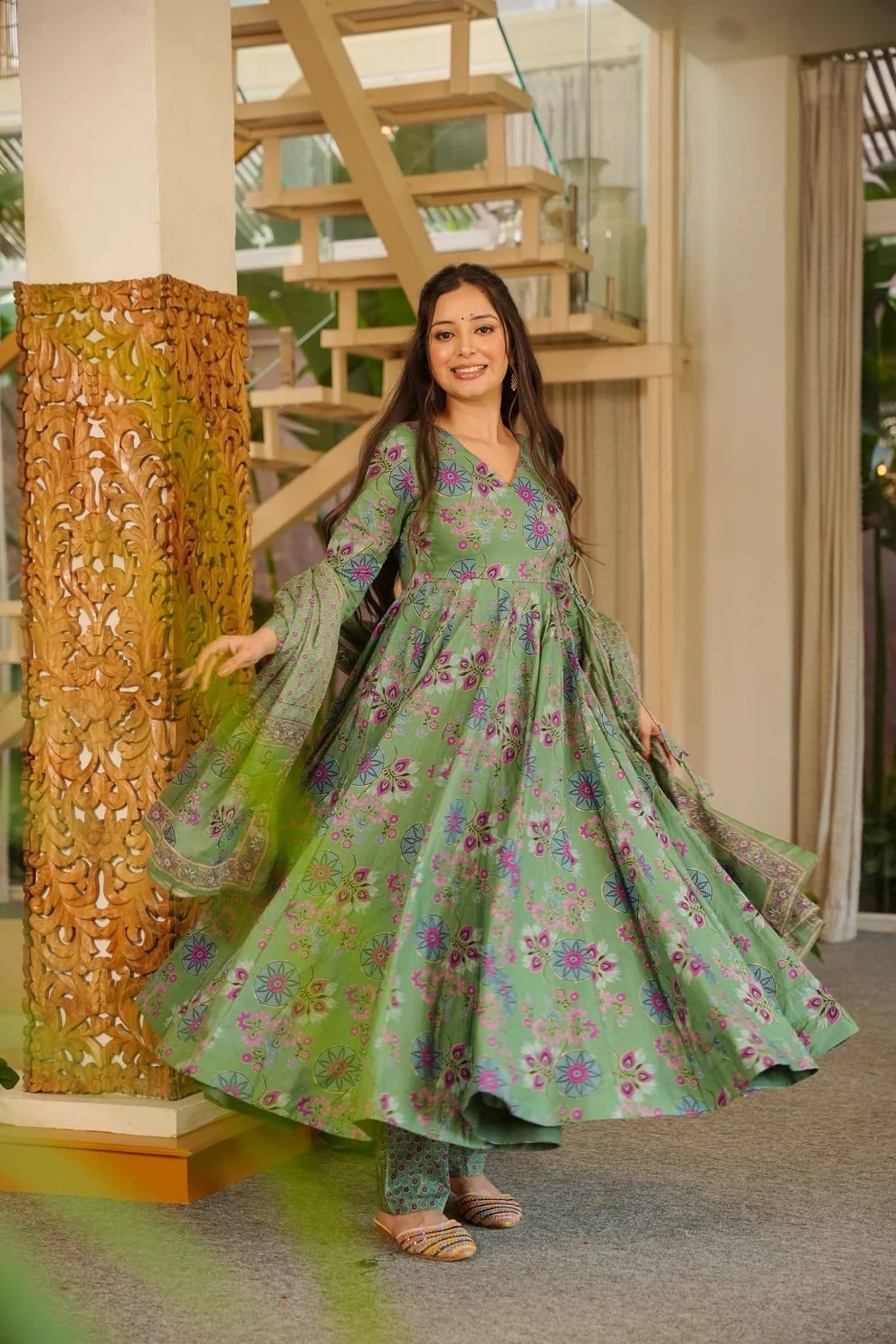 Green Cotton Silk Printed Panelled Designer Anarkali Suit