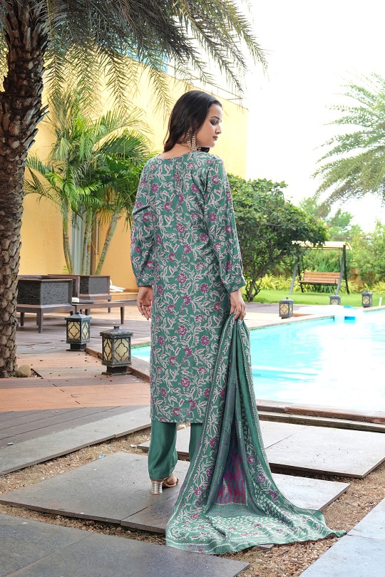 Green Cotton Silk Printed and Embroidered Readymade Suit — alternate view