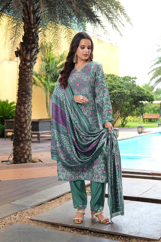 Green Cotton Silk Printed and Embroidered Readymade Suit
