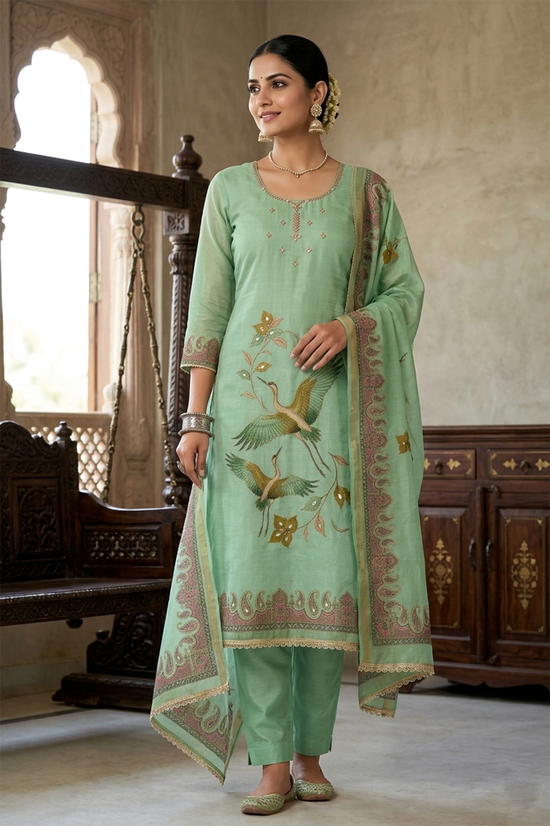Green Crane Motif Digital Printed Linen Cotton Salwar Suit