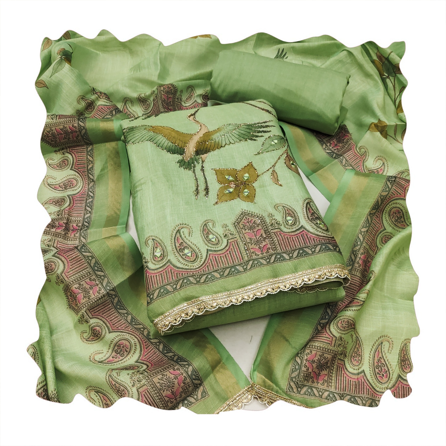 Green Crane Motif Digital Printed Linen Cotton Salwar Suit — alternate view