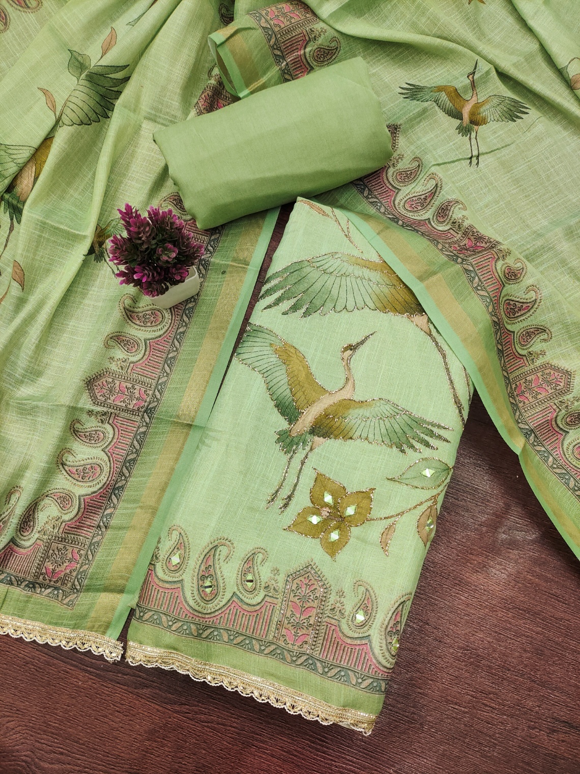 Green Crane Motif Digital Printed Linen Cotton Salwar Suit