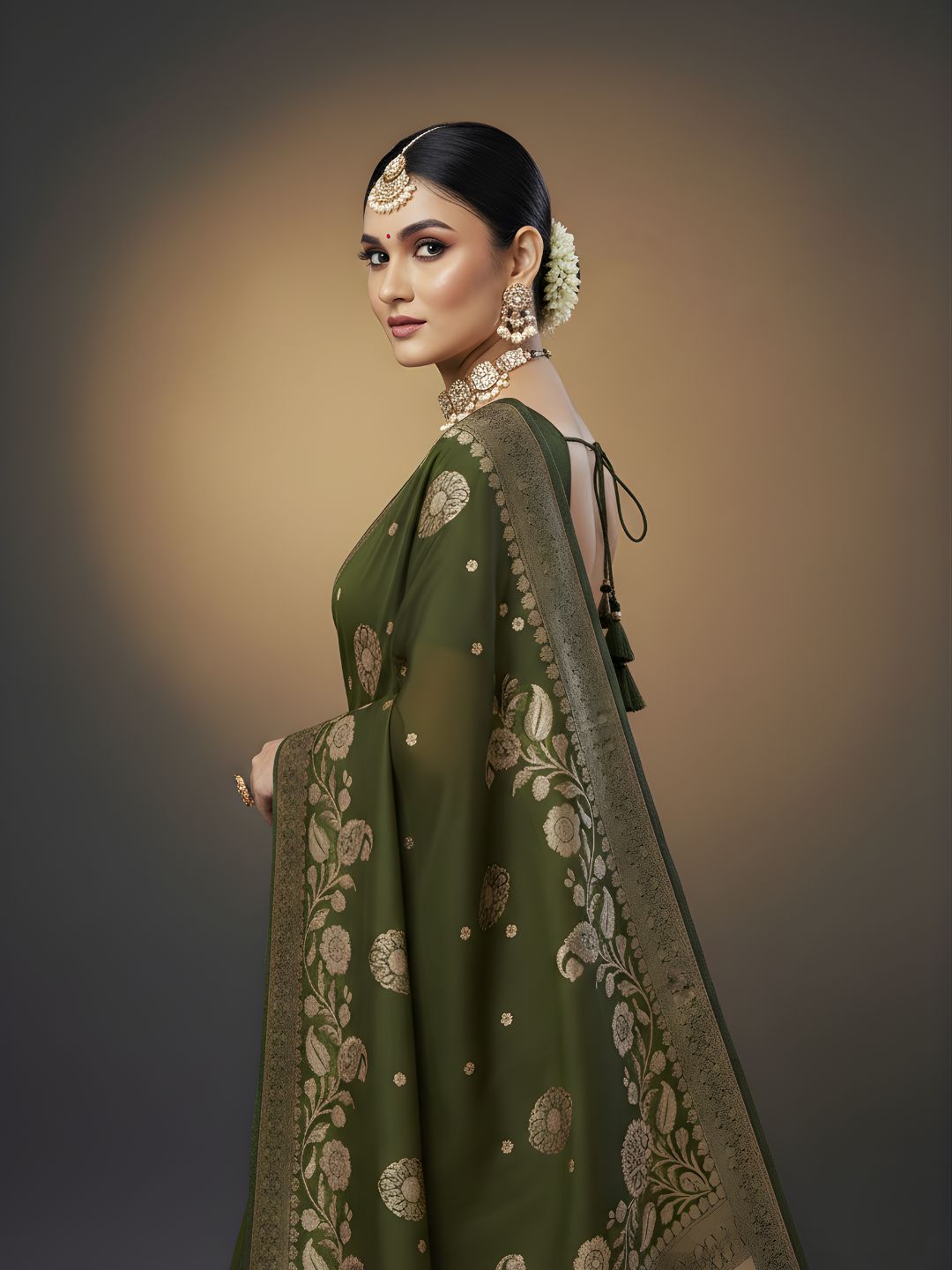 Green Crepe Silk Designer Saree