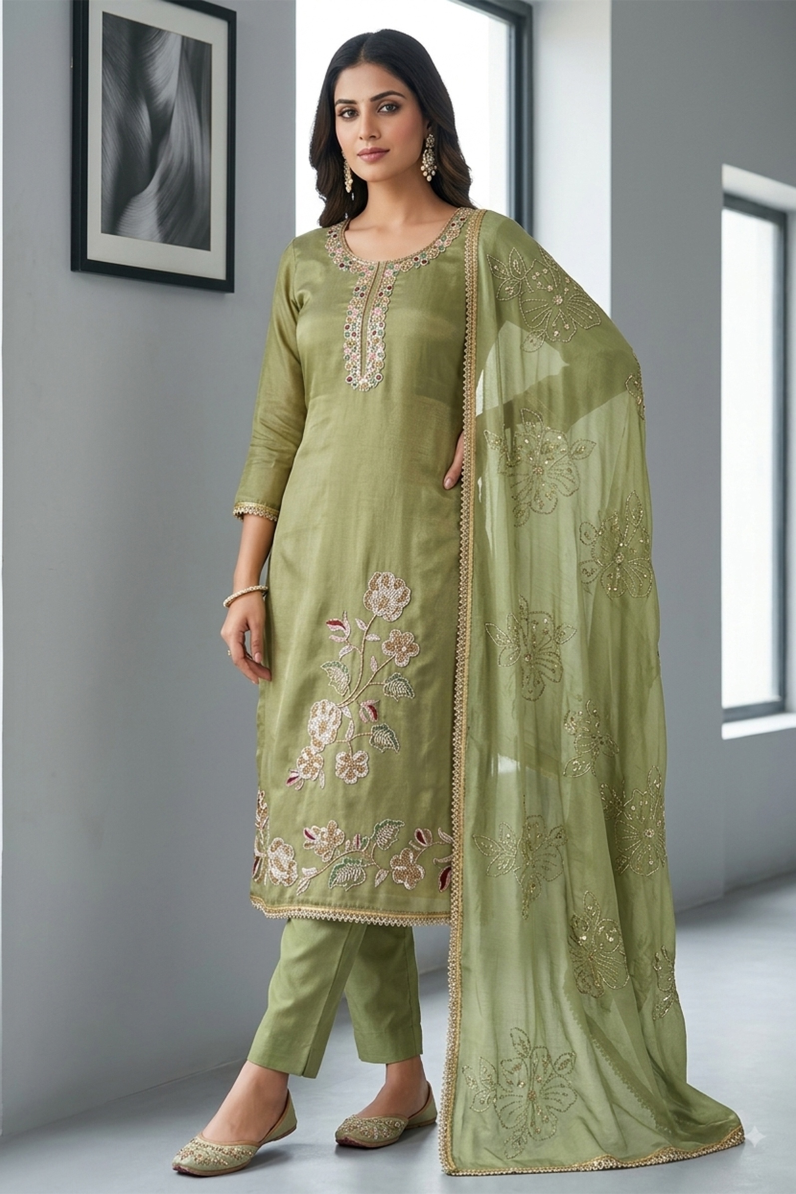 Green Designer Bits Embroidery Salsa Straight Suit