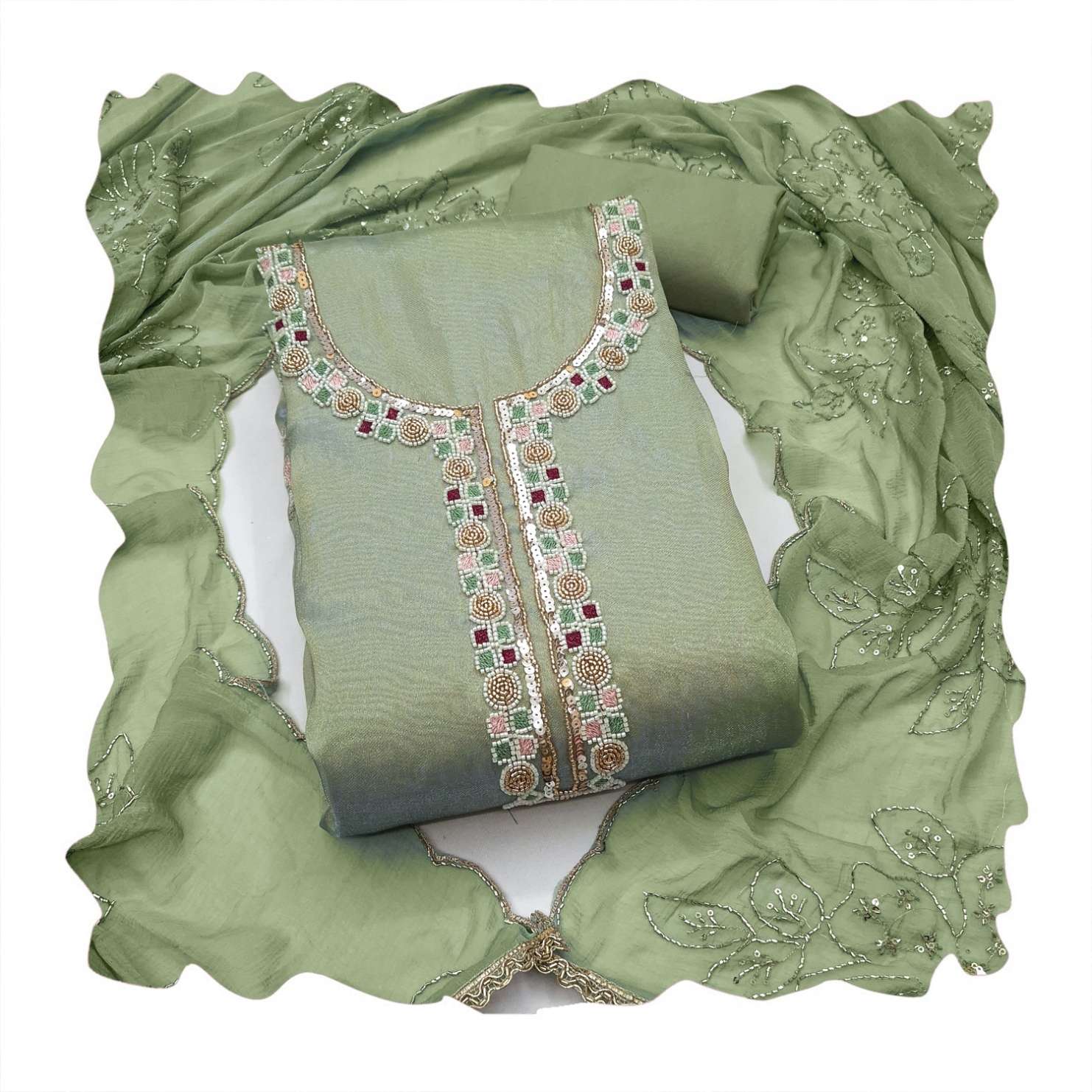 Green Designer Bits Embroidery Salsa Straight Suit — alternate view