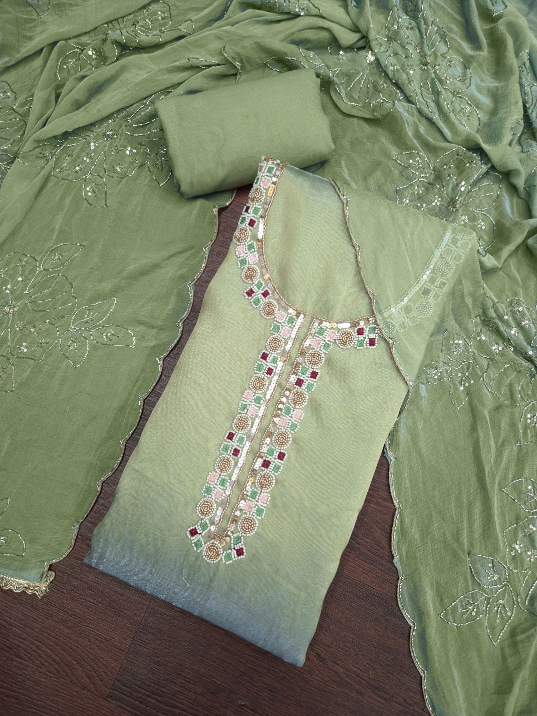Green Designer Bits Embroidery Salsa Straight Suit