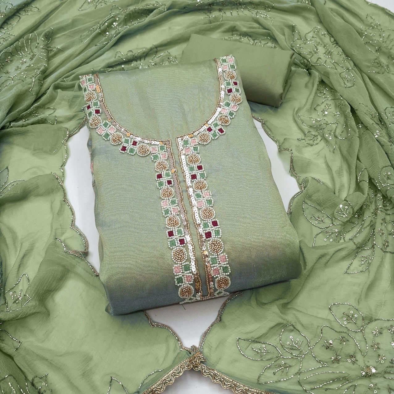 Green Designer Bits Embroidery Salsa Straight Suit