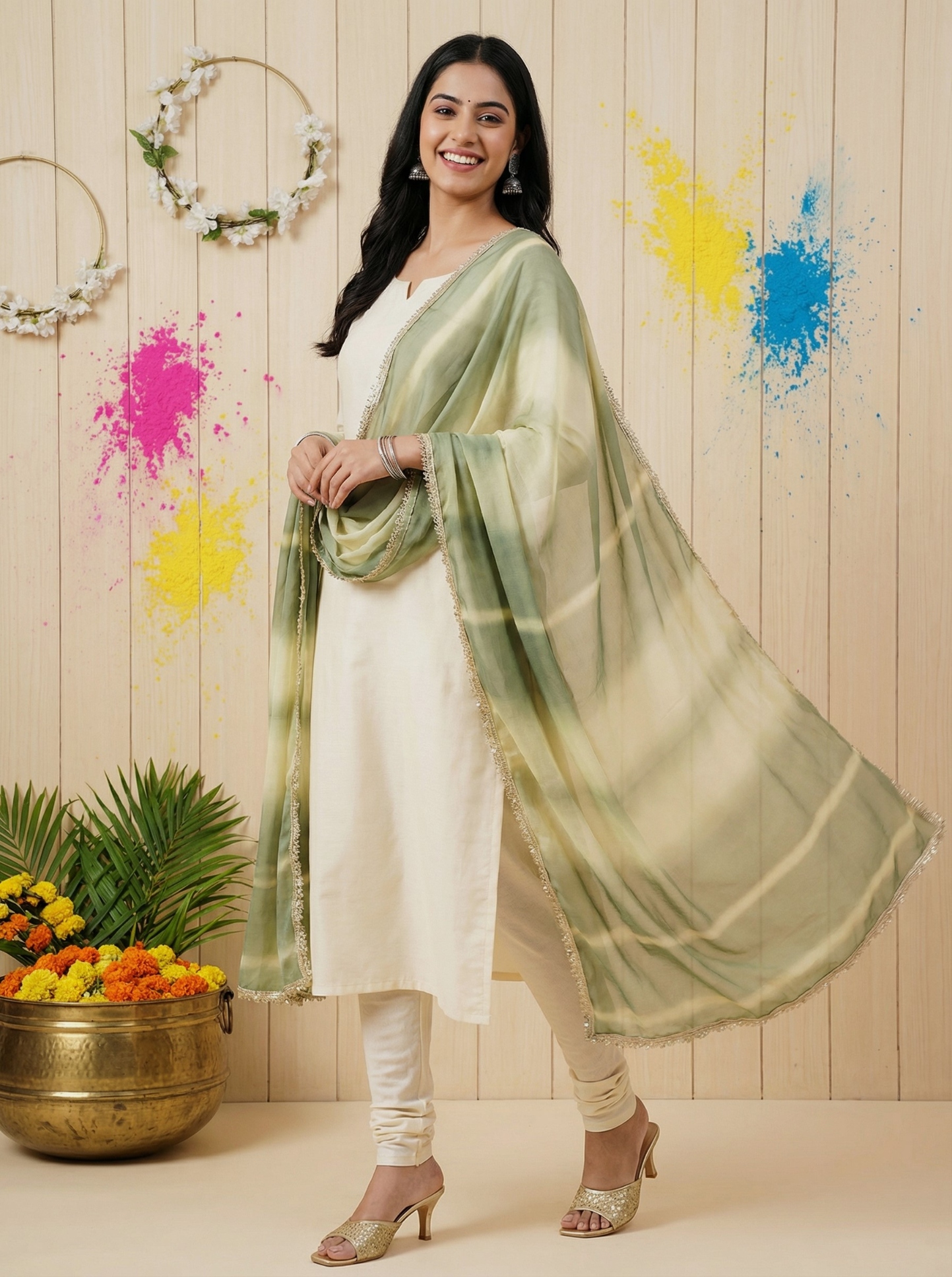 Green Designer Digital Printed Organza Dupatta