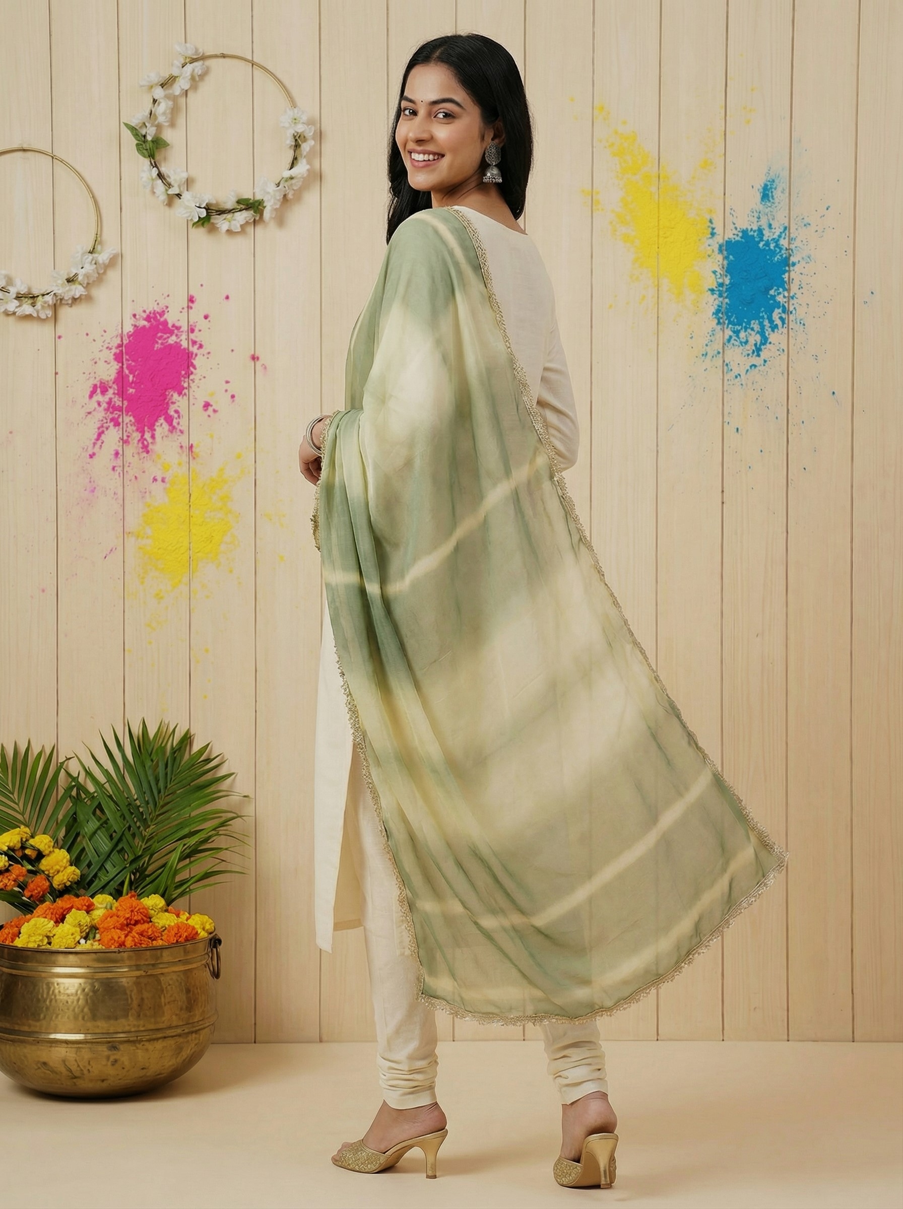 Green Designer Digital Printed Organza Dupatta