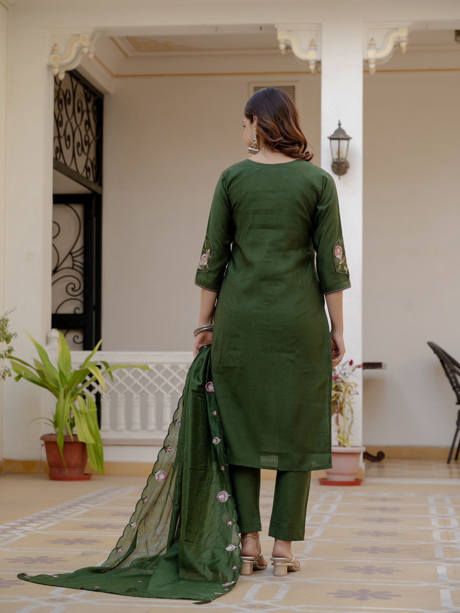Green Designer Embroidered Viscose Silk Anarkali Suit — alternate view