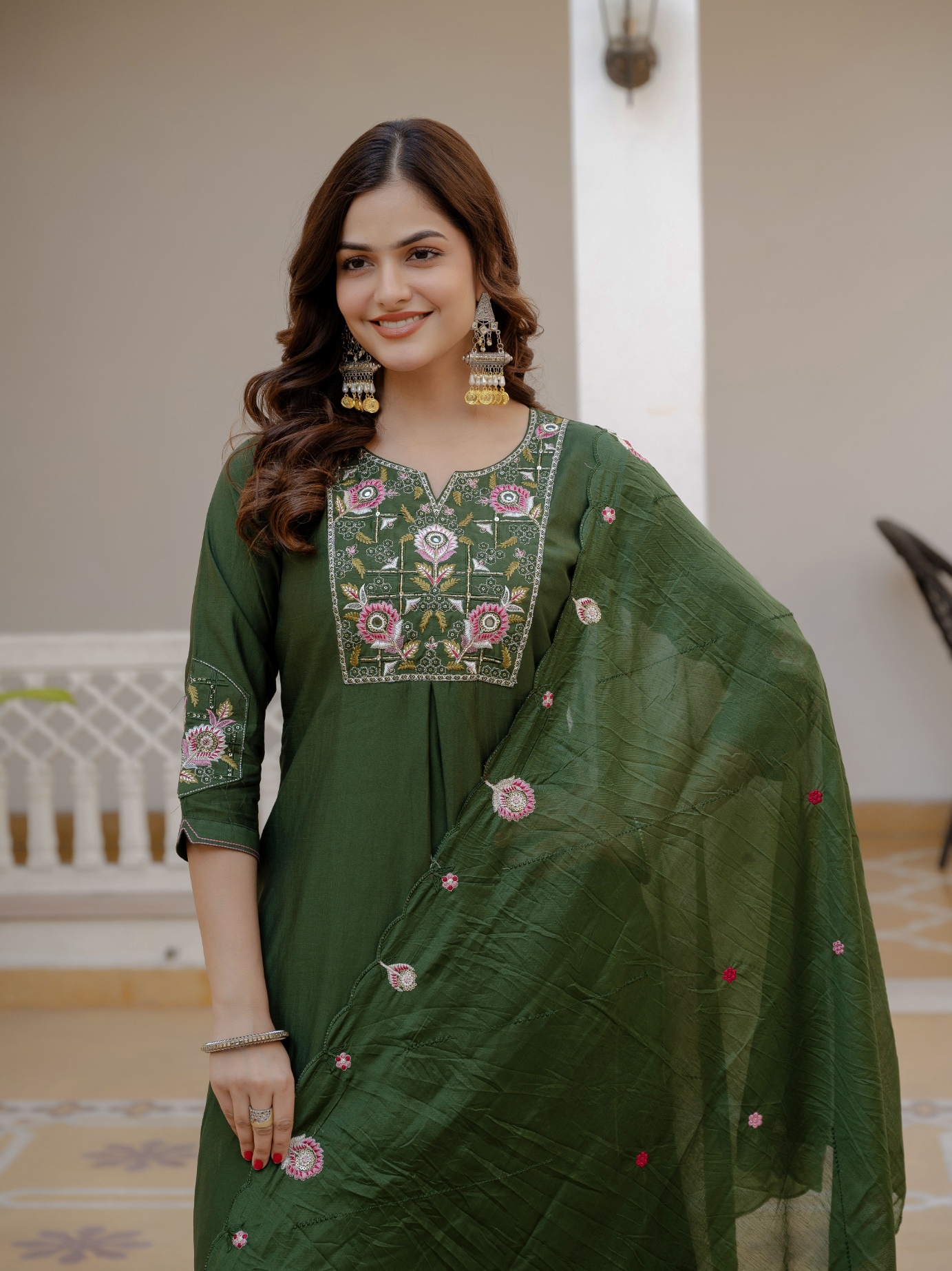 Green Designer Embroidered Viscose Silk Anarkali Suit
