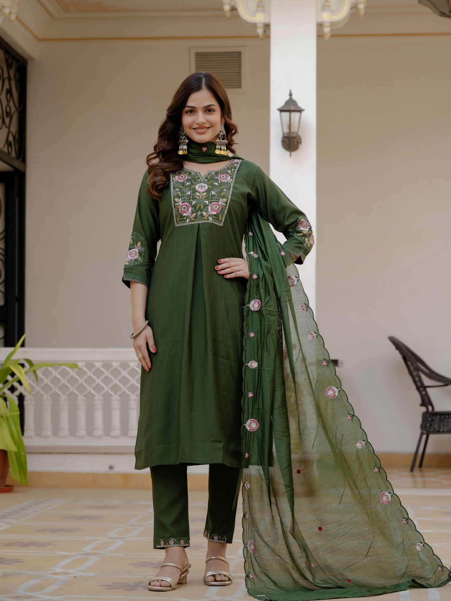 Green Designer Embroidered Viscose Silk Anarkali Suit