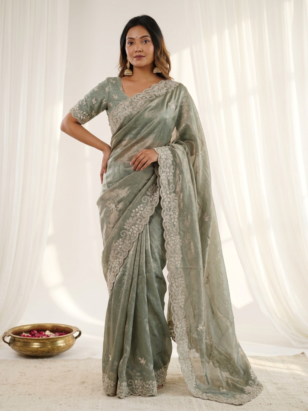 Green Designer Embroidery Fendy Satin Saree
