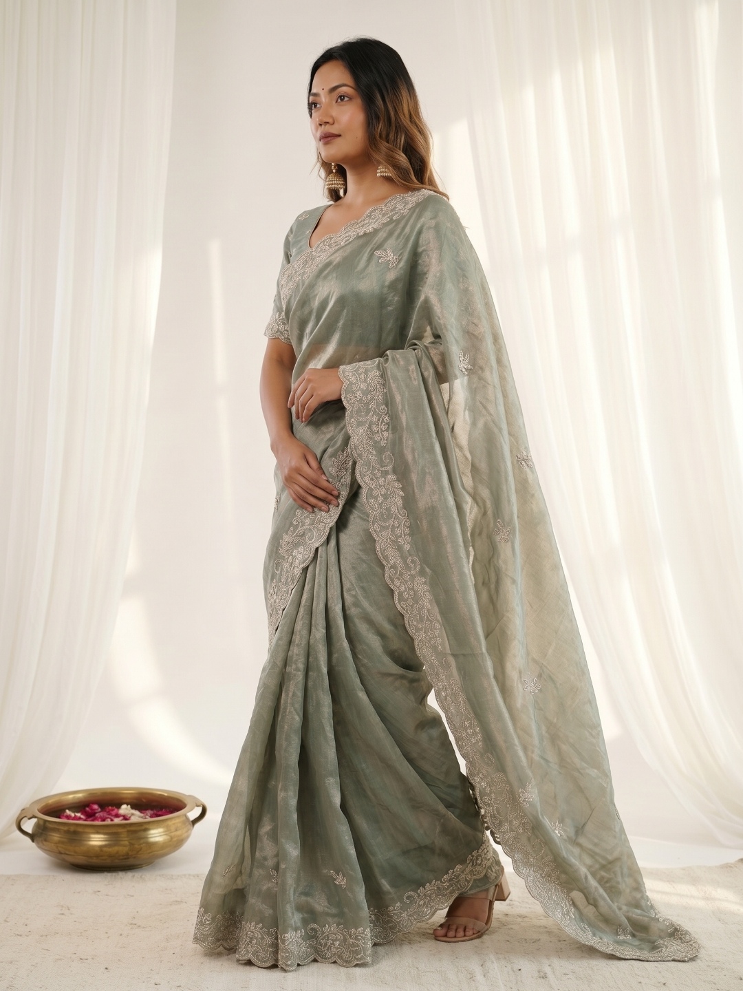 Green Designer Embroidery Fendy Satin Saree — alternate view