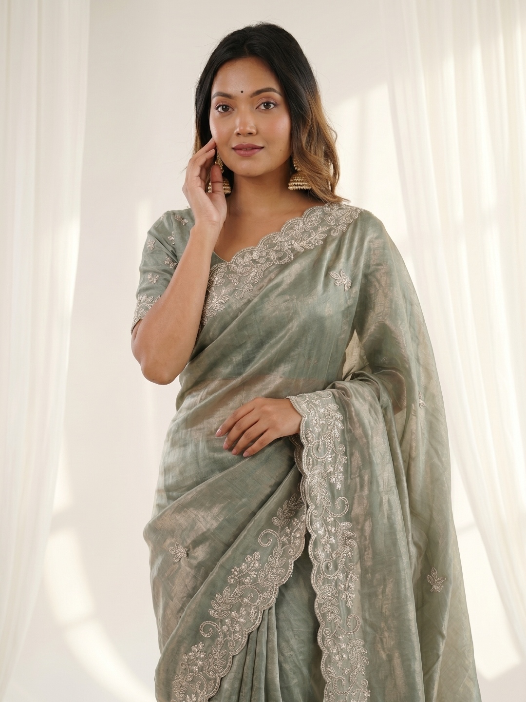 Green Designer Embroidery Fendy Satin Saree