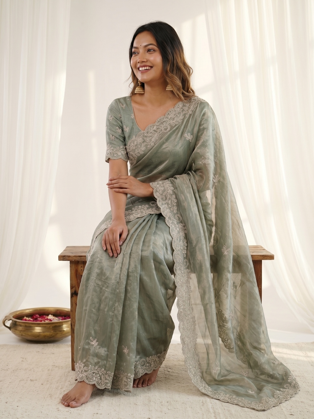 Green Designer Embroidery Fendy Satin Saree