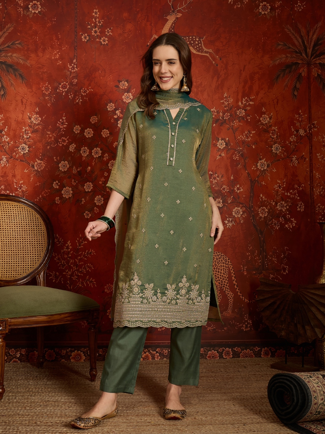 Green Designer Embroidery Silk Straight Suit