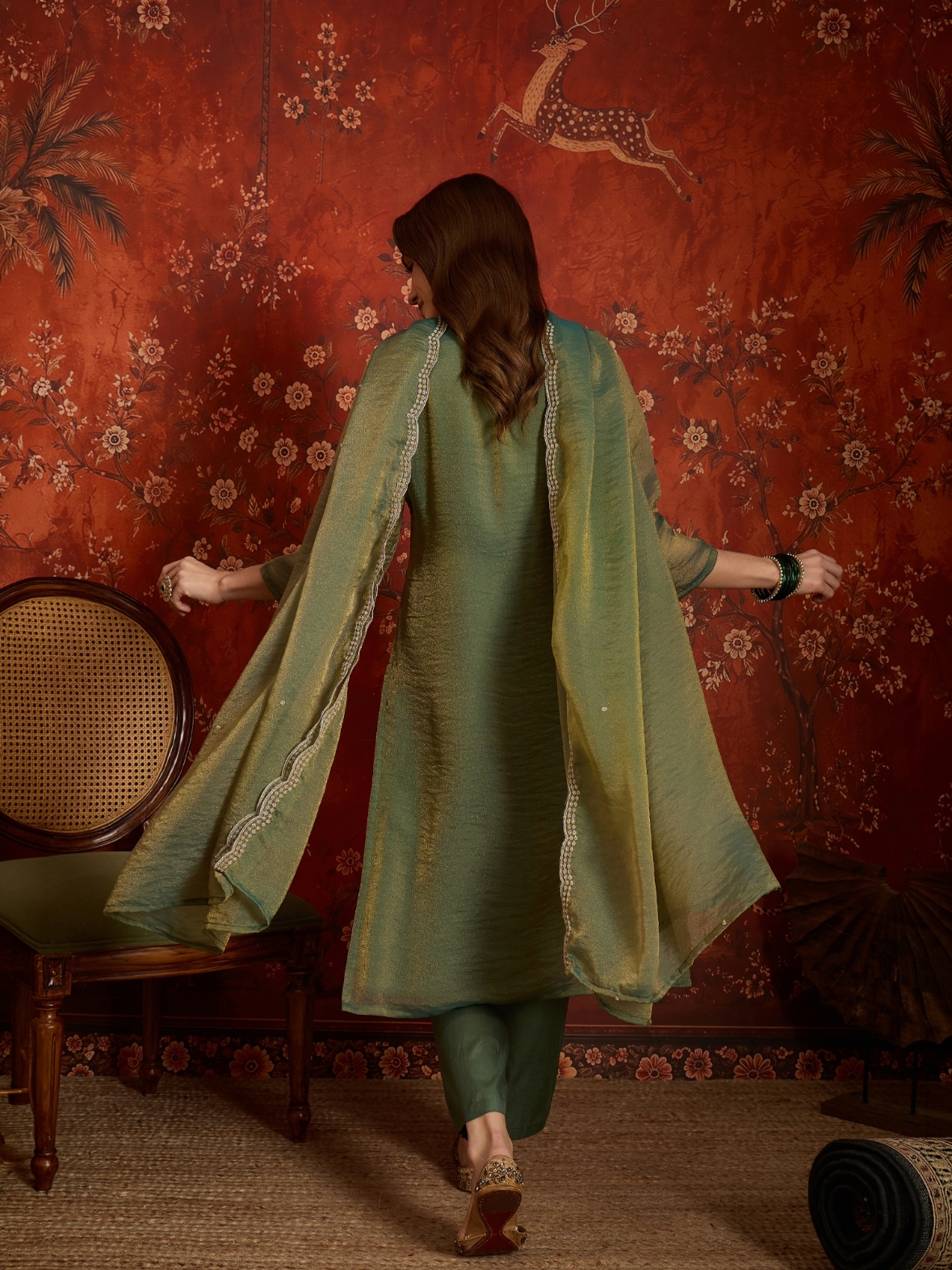 Green Designer Embroidery Silk Straight Suit — alternate view