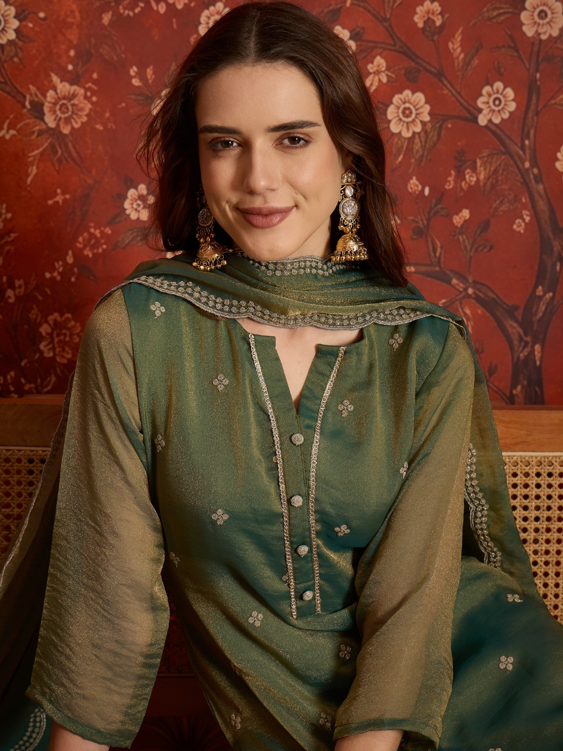 Green Designer Embroidery Silk Straight Suit
