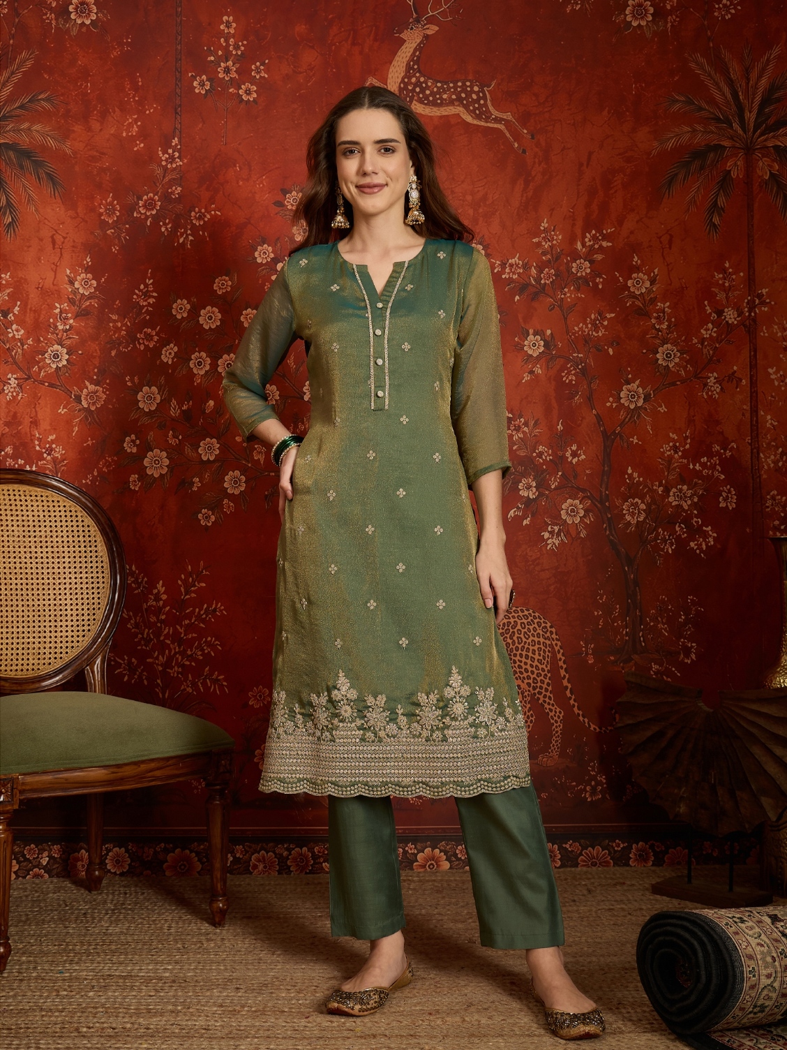 Green Designer Embroidery Silk Straight Suit