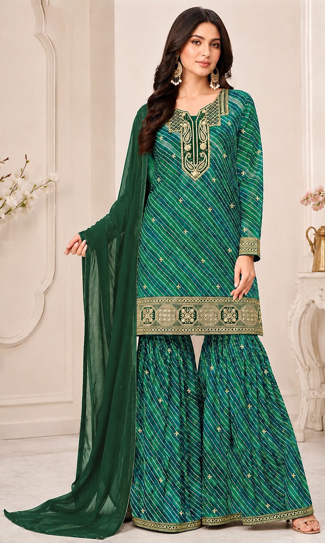 Green Diagonal Embroidered Georgette Sharara Suit