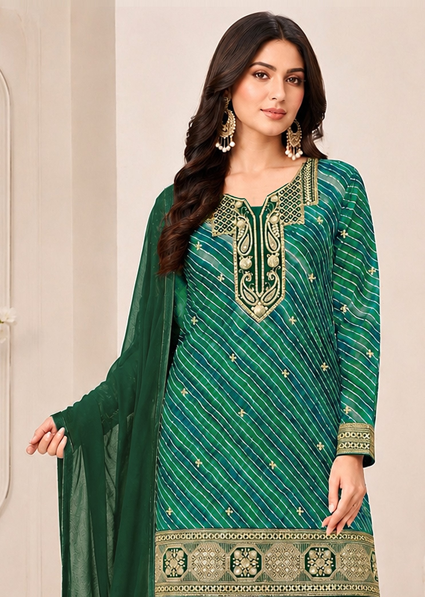 Green Diagonal Embroidered Georgette Sharara Suit — alternate view