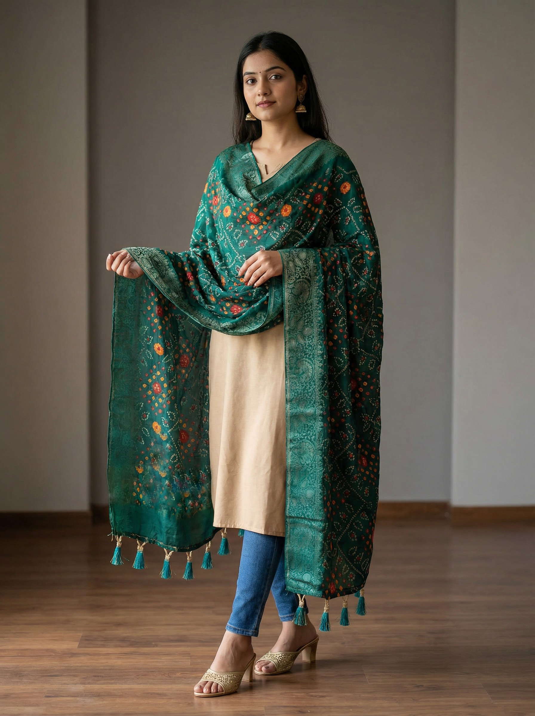 Green Diamond Butti Print Jacquard Silk Designer Dupatta
