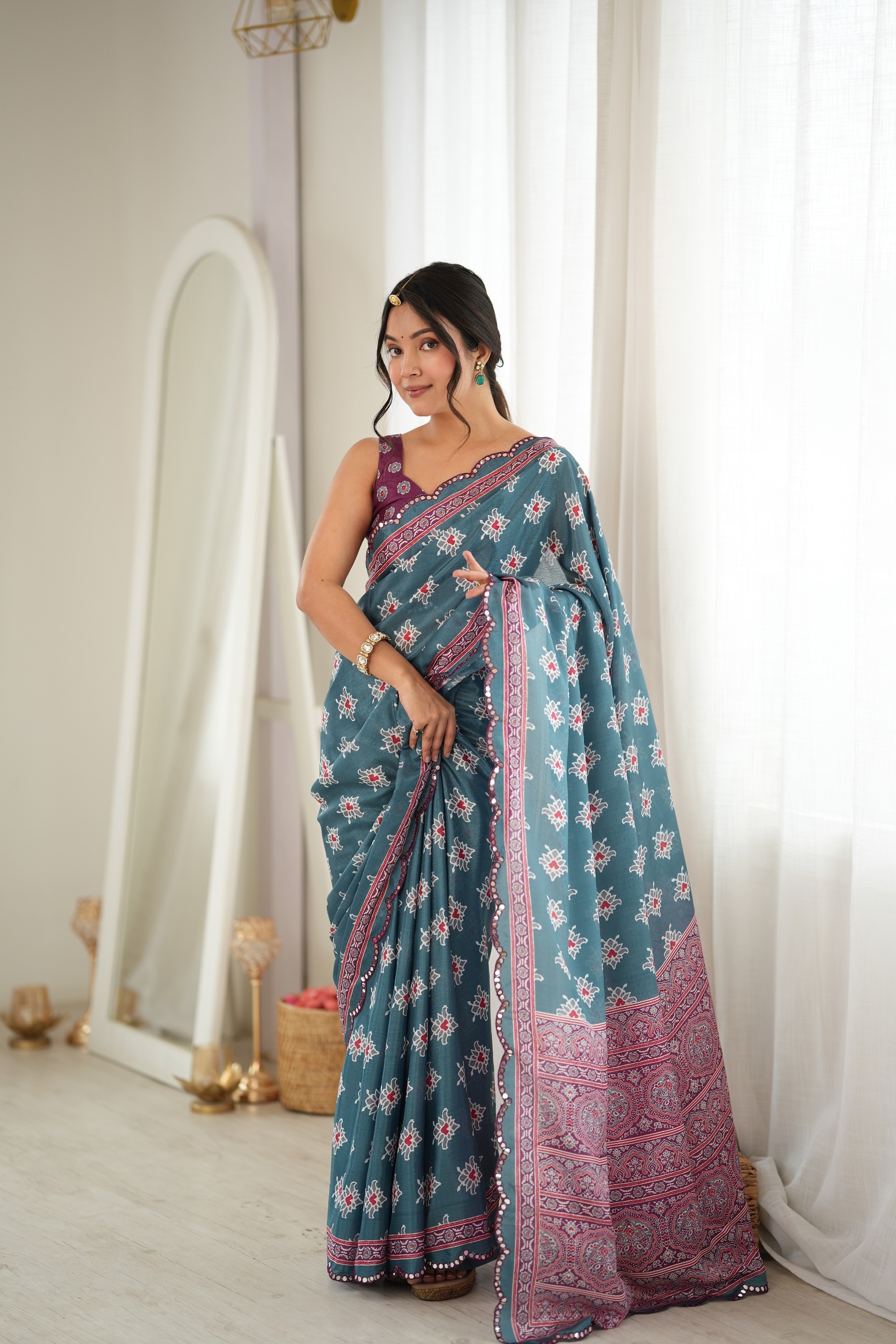 Green Digital Printed Chinon Saree